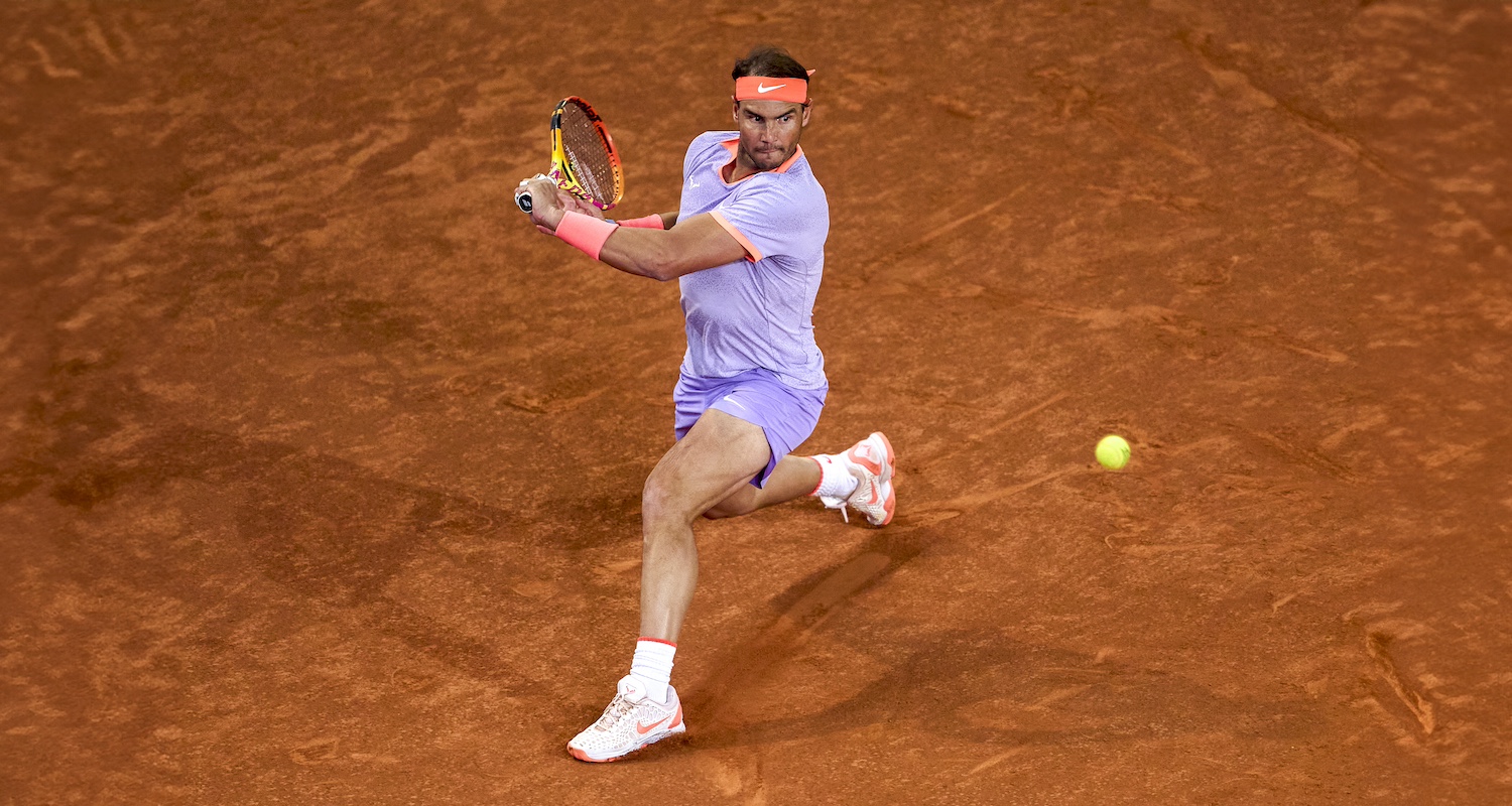 MADRID, SPAIN - APRIL 30: Rafael Nadal of Spain looks to return a ball against Jiri Lehecka of Czech Republic during their Round of 16 match on day eight of the Mutua Madrid Open at La Caja Magica on April 30, 2024 in Madrid, Spain.  (Photo by Manuel Queimadelos/Quality Sport Images/Getty Images)